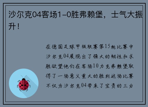 沙尔克04客场1-0胜弗赖堡，士气大振升！
